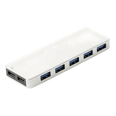 A silver usb hub with multiple ports and blue accents, isolated on a transparent background