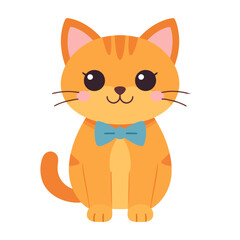 Fototapeta premium Adorable ginger tabby cat character in a cute cartoon style, sitting with a blue bow tie and big, expressive eyes.
