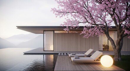 Modern architectural villa with infinity pool and blooming cherry blossom tree