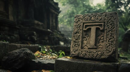 Intricate Carving of the Letter T on a Stone Slab in a Rain-Soaked Ancient Ruin