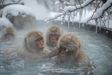 Fototapeta premium Snow monkeys relaxing in hot spring water during winter season in jigokudani japan park