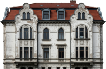 Ornate weathered building facade featuring arched windows and decorative elements isolate