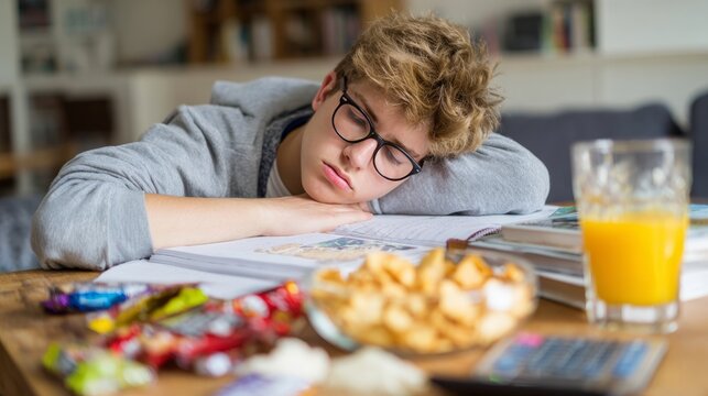 Tired student sleeping on textbooks surrounded by snacks and juice at home desk. Student studying for SAT or ACT with prep books and practice tests, calculator and snacks on table