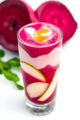 Yogurt and ice cream dessert with fresh fruits in a glass