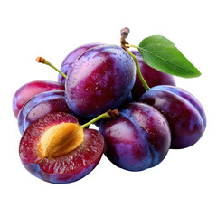 Fresh plums with glossy skin and vibrant color, arranged neatly on white background showcasing their juicy interior