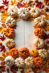 Fototapeta premium Autumn Harvest Pumpkins and Fall Leaves on White Wood Background
