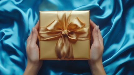 Two hands hold a gold gift box with a gold ribbon on a blue silk background.