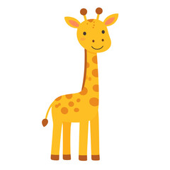 Fototapeta premium Cute cartoon giraffe with orange spots and a friendly smile. Adorable yellow safari animal character standing in a flat vector style.