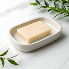 A bar of soap sits in a white ceramic dish surrounded by green leaves