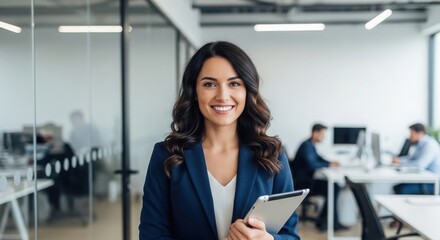 Smiling businesswoman holding a tablet computer in a modern office environment