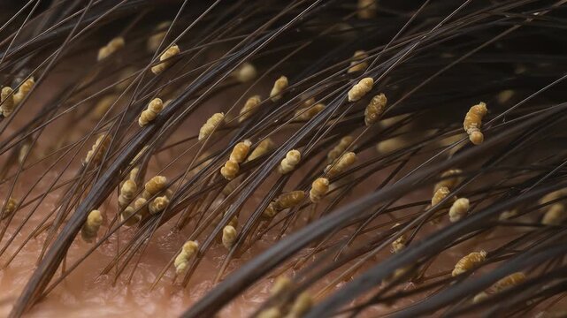 Close-up of numerous head lice nits clinging to dark brown hair strands