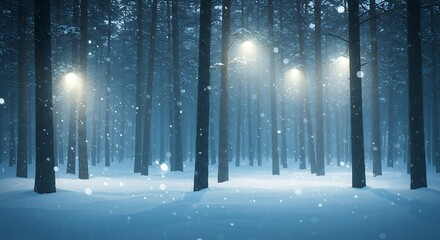 Snowy winter forest illuminated by streetlights, showcasing a tranquil and magical atmosphere.