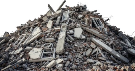 Pile of rubble and debris from a collapsed building with broken windows and scattered bricks transparent background