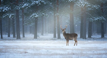 Winter Wonderland Majestic Deer Standing in Snow-Covered Forest in Early Morning Light, Natural Beauty