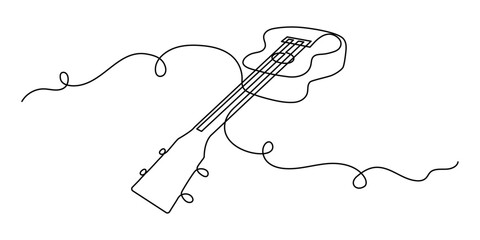 Ukulele musical concept one line art, hand-drawn playing Hawaiian string instrument drawing continuous contour. Acoustic small guitar outline melody minimalist symbol. Editable stroke. Isolated.