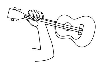 Hand holds ukulele musical concept one line art, hand-drawn playing Hawaiian string instrument drawing continuous contour. Acoustic small guitar outline melody minimalist symbol. Editable stroke. 