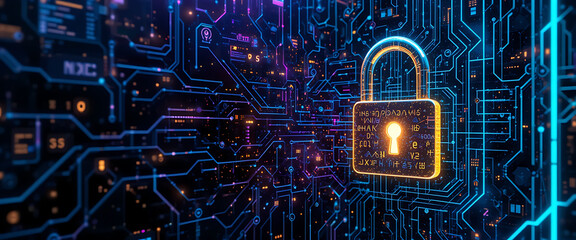 abstract block chain technology digital 3d cyber security system with golden glowing shiny metal lock on the middle dark purple golden silver lock with deep key hole shine shimmering micro glowing sys