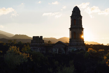 Facade of San Juan de Paricutin Church at sunrise