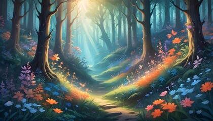 Fototapeta premium Enchanting forest scene with a path, bathed in sunlight and vibrant colors.