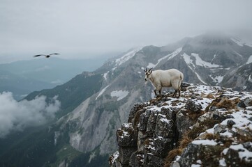 Naklejka premium A mountain goat standing on a rocky cliff edge with mountains and a bird in the background view