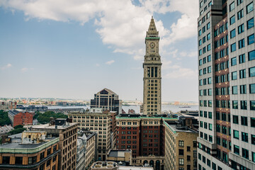 Boston skyline view featuring the Custom House Tower on sunny day