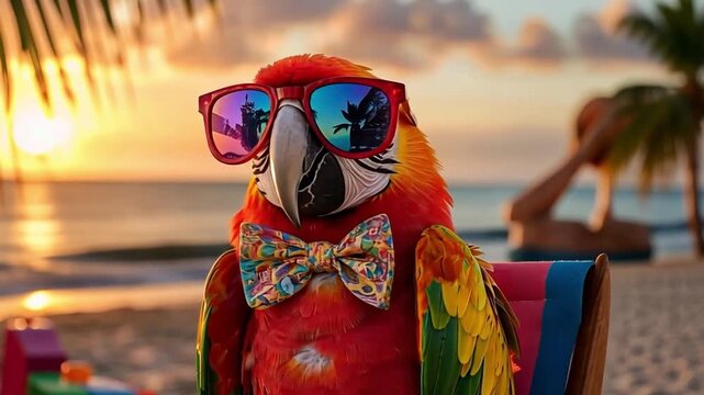 This playful parrot captures attention with its colorful appearance and fun accessories. Ideal for vacation projects, beach concepts, or wildlife celebrations. Generative AI