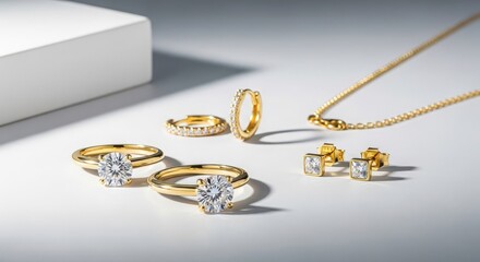 Elegant gold jewelry set featuring diamond rings hoop earrings stud earrings and a delicate necklace