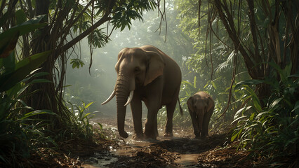 Fototapeta premium A mother elephant and her calf walk through a lush, misty rainforest.
