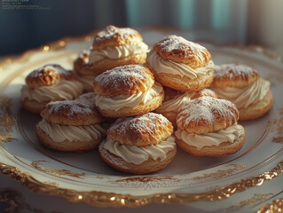 Delicious cream puffs elegantly presented, dusted with powdered sugar. Homemade pastry, perfect dessert.