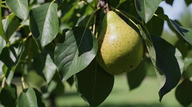 cinematic close up of a ripe golden pear hanging peacefully among vibrant green leaves on a tree branch with soft natural light and a bokeh background of trees and grass evoking harvest season