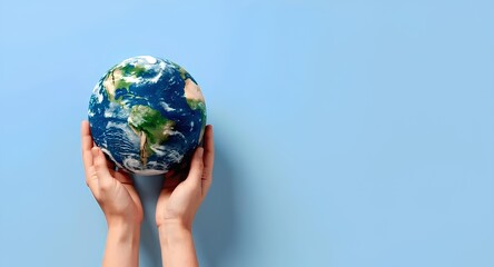 Human hands gently holding the Earth globe against a serene blue backdrop for environmental concept