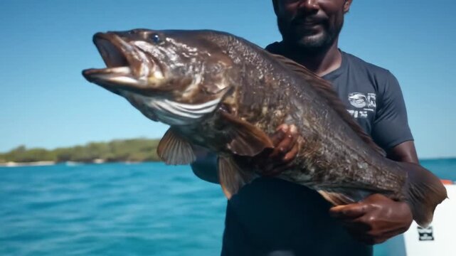 A fisherman proudly holds a large catch on a sunny day at sea.