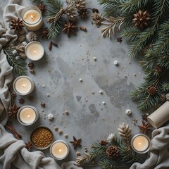 Cozy Winter Flatlay with Candles and Spices
