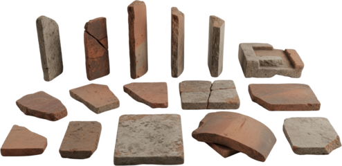 Collection of weathered stone and terracotta bricks broken tiles and stone fragments transparent background