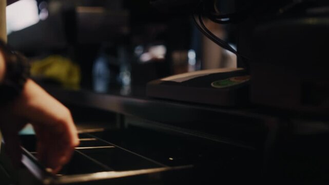 Barista managing order and payment on a digital touchscreen and handling cash in a cash register