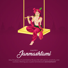 Happy Janmashtami Social Media Post and Greeting Card. Birthday of Lord Krishna Janmashtami Celebration and Creative Poster Vector Illustration