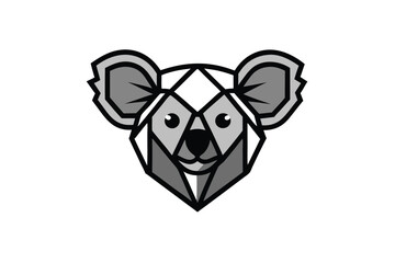 Geometric koala bear head displays simplistic shapes outlined in black on white backdrop