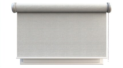 Light grey roller shade with a simple design, rolled up on a white casing