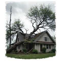 A fallen tree on a house roof symbolizes the aftermath of a natural disaster, highlighting the need for disaster recovery and emergency response.
