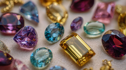 Assorted jewelry gemstones displayed on a light-colored surface