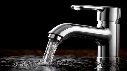 Chrome faucet with flowing water creating ripples on a dark surface tap