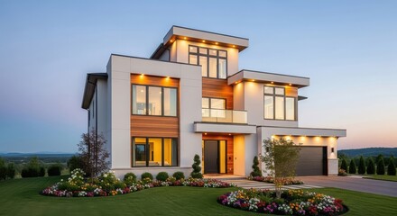 Modern luxury residence with vibrant flower garden at dusk