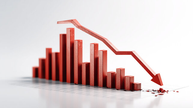 Red bar graph with a downward arrow on a white surface showing a negative trend
