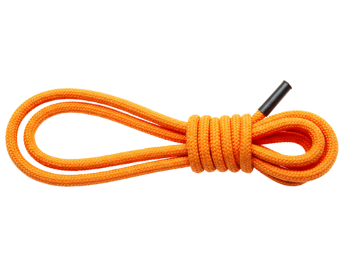 Bright orange bungee cord with black plastic ends isolated on transparent background