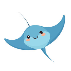 Fototapeta premium Adorable blue cartoon stingray with a happy smiling face and rosy cheeks, swimming in a cute kawaii style.