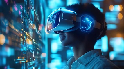 Young person experiencing virtual reality with digital data visuals in a futuristic tech environment - Powered by Adobe