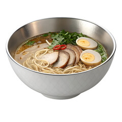 3D render of a layered platinum ramen bowl with glossy texture on transparent background
