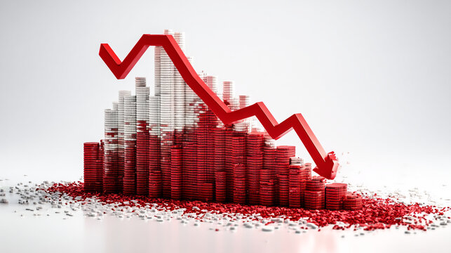 Red arrow pointing down over stacks of coins suggesting financial loss or decline