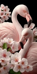Naklejka premium Two pink flamingos with delicate white flowers against a black background