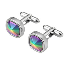 3D render of iridescent titanium cufflinks with polished detail on transparent background
